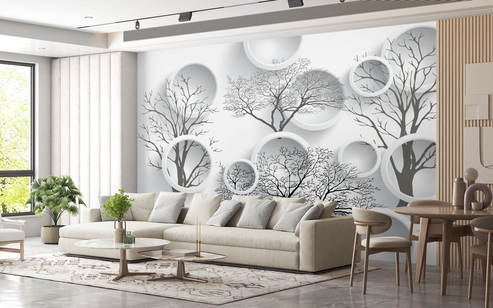 Фотошпалери білі кола та дерева