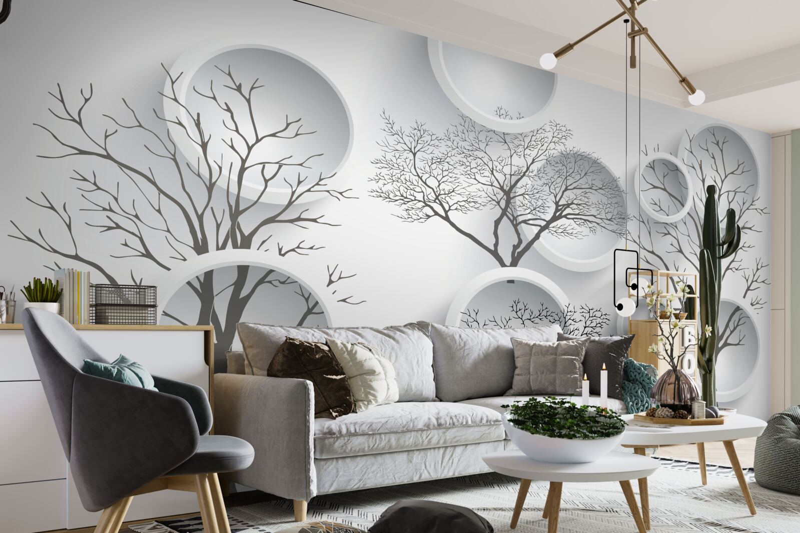 Фотошпалери білі кола та дерева