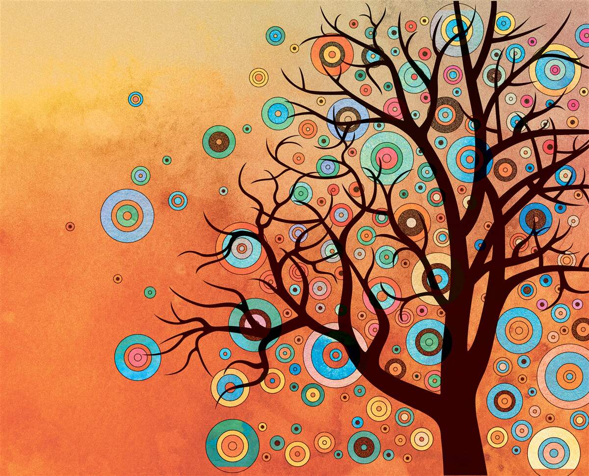 Фотошпалери дерево в абстрактному стилі на тлі заходу сонця