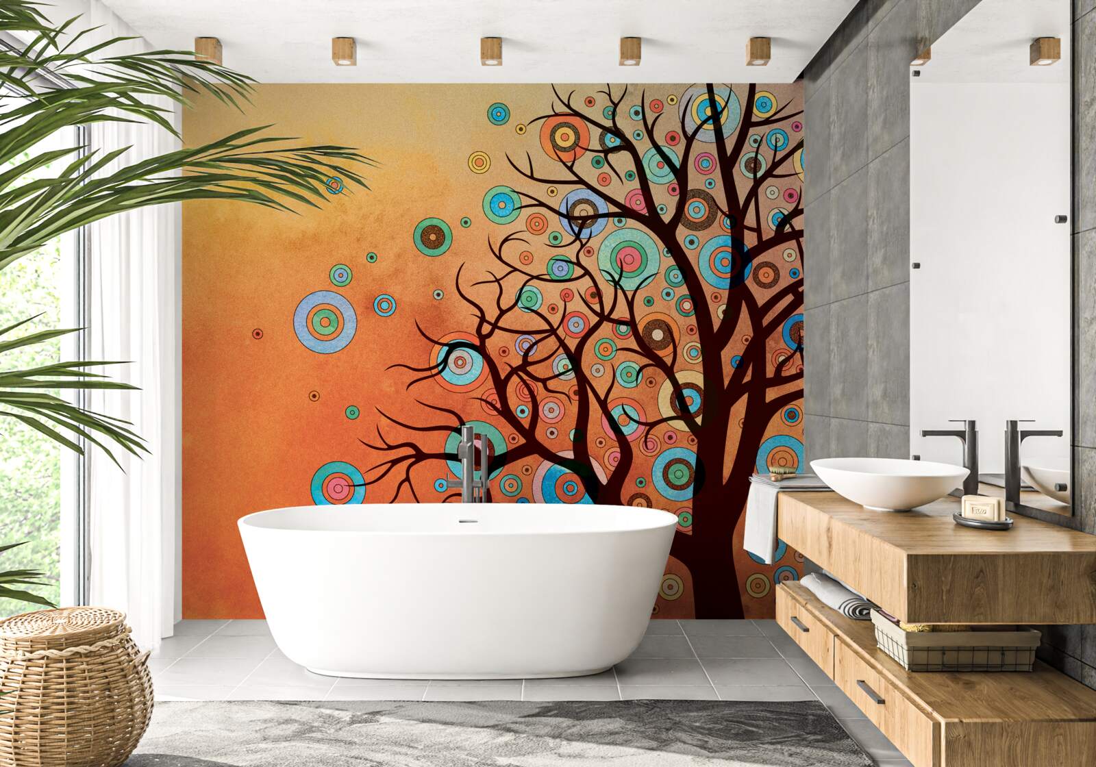 Фотошпалери дерево в абстрактному стилі на тлі заходу сонця