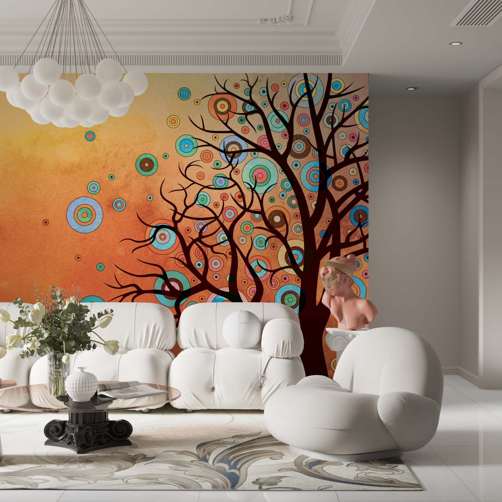 Фотошпалери дерево в абстрактному стилі на тлі заходу сонця