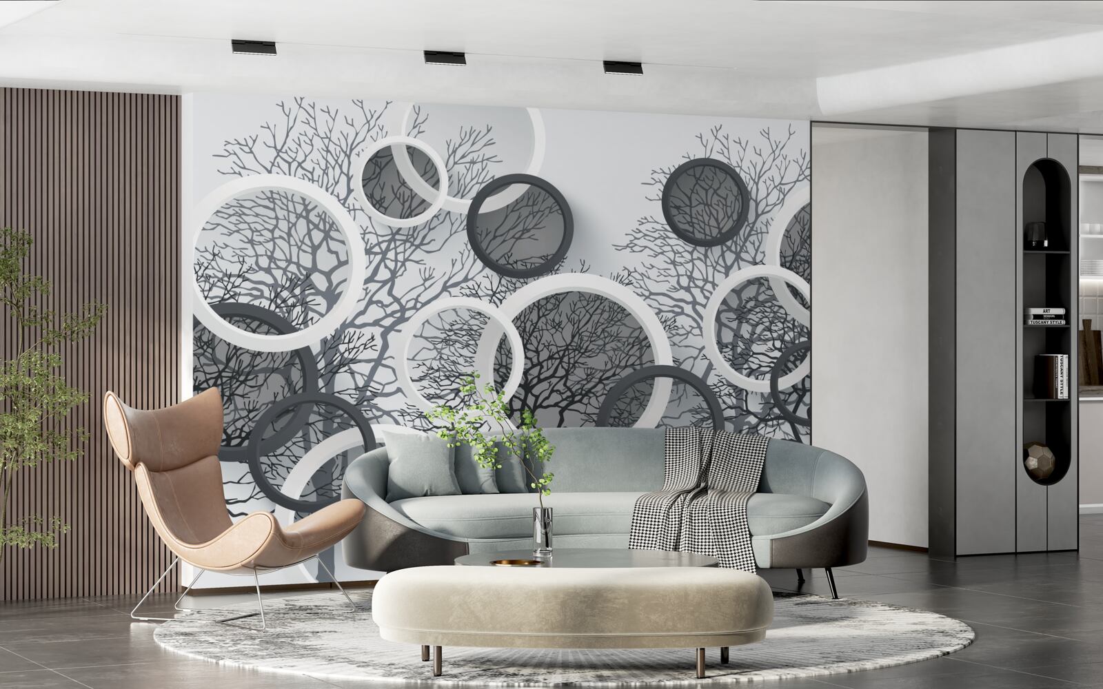 Фотошпалери дерева в тумані та колах