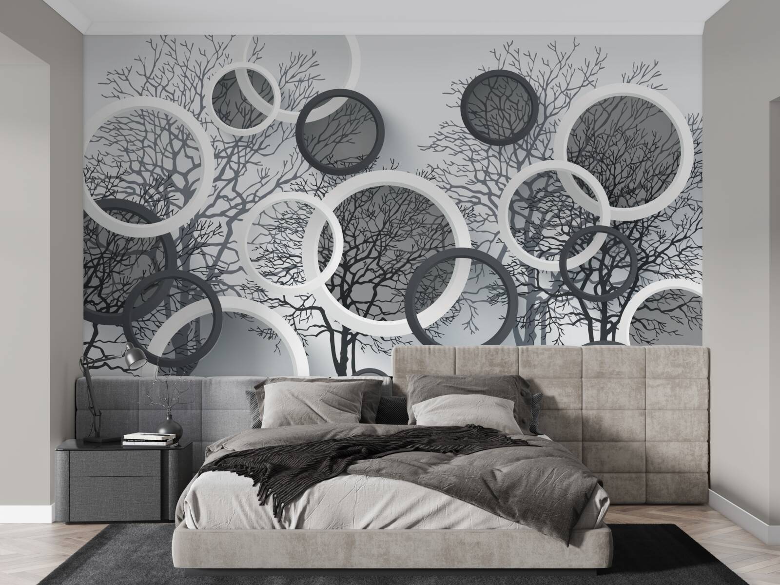 Фотошпалери дерева в тумані та колах