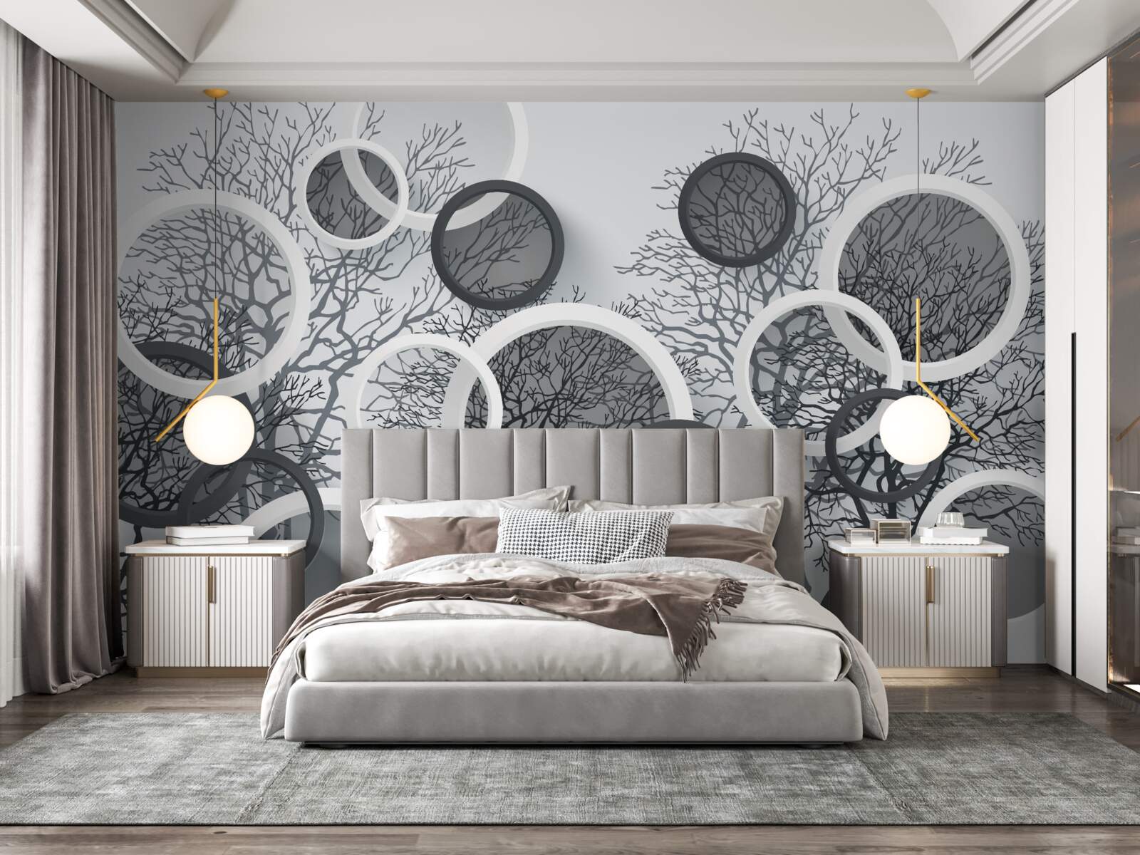 Фотошпалери дерева в тумані та колах