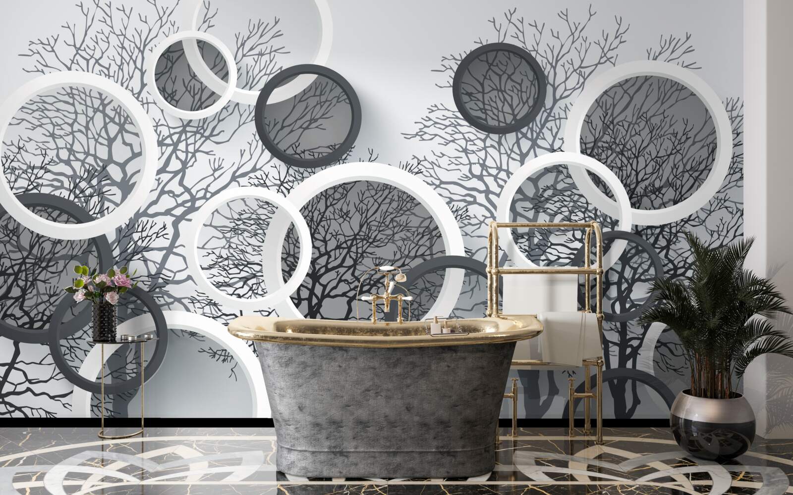 Фотошпалери дерева в тумані та колах