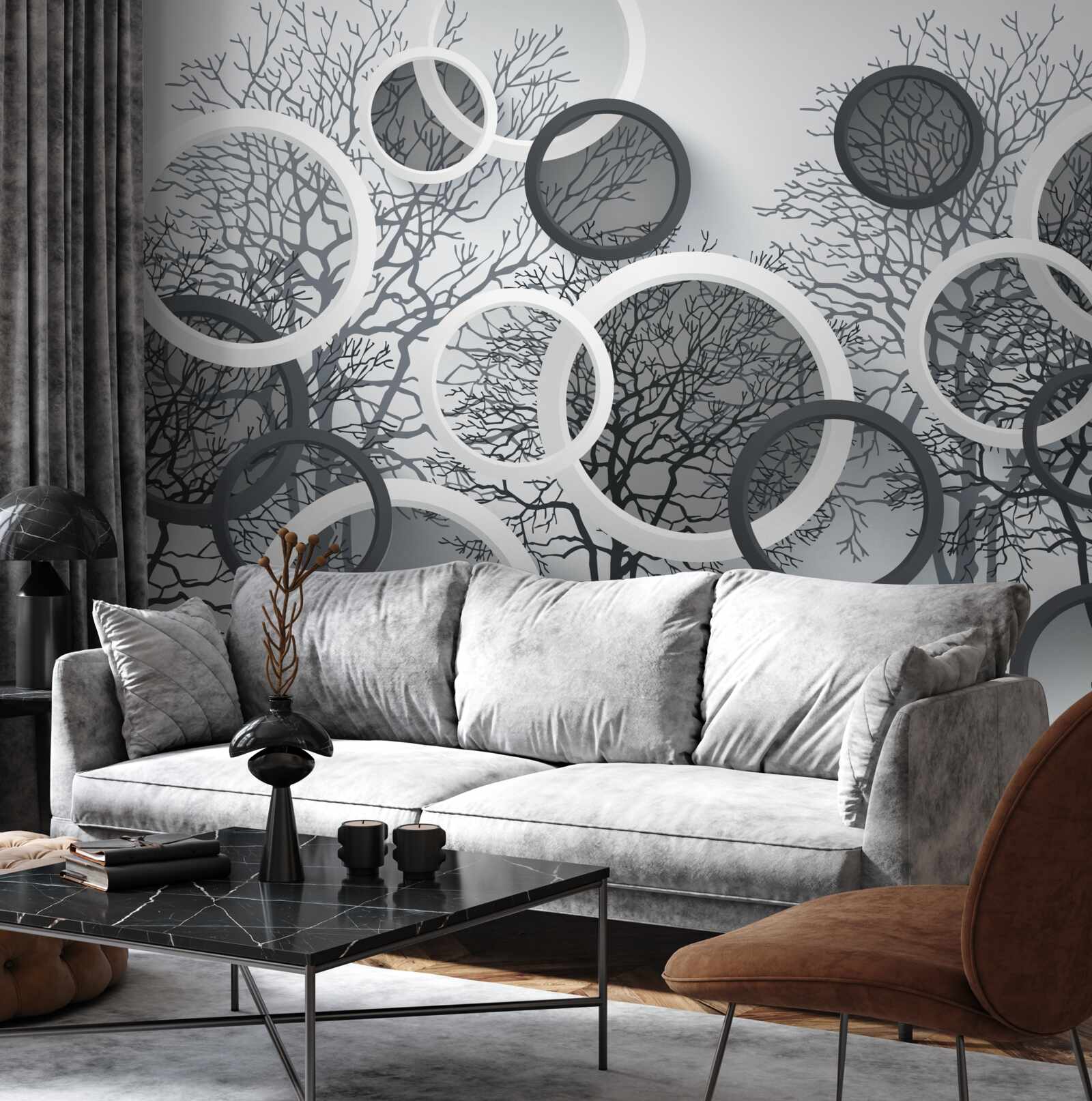 Фотошпалери дерева в тумані та колах