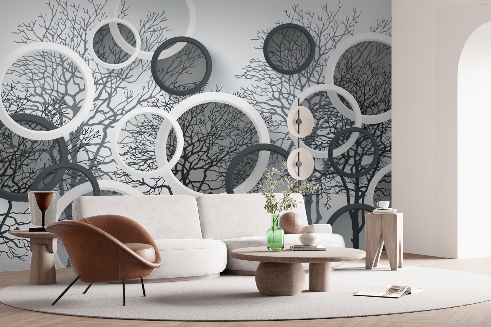 Фотошпалери дерева в тумані та колах