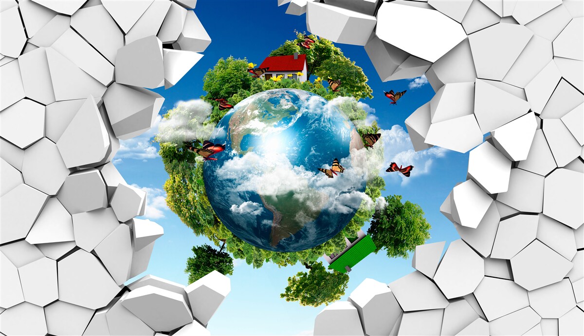 Фотошпалери Кам'яна стіна і планета, вкрита зеленню