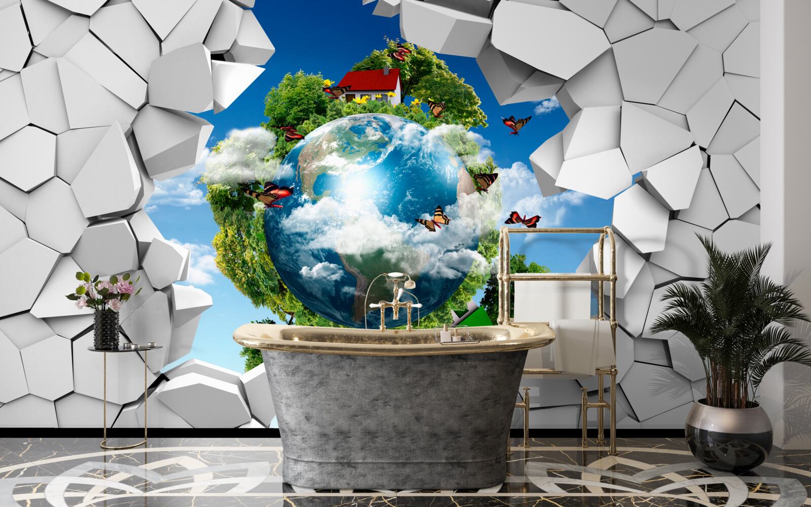 Фотошпалери Кам'яна стіна і планета, вкрита зеленню