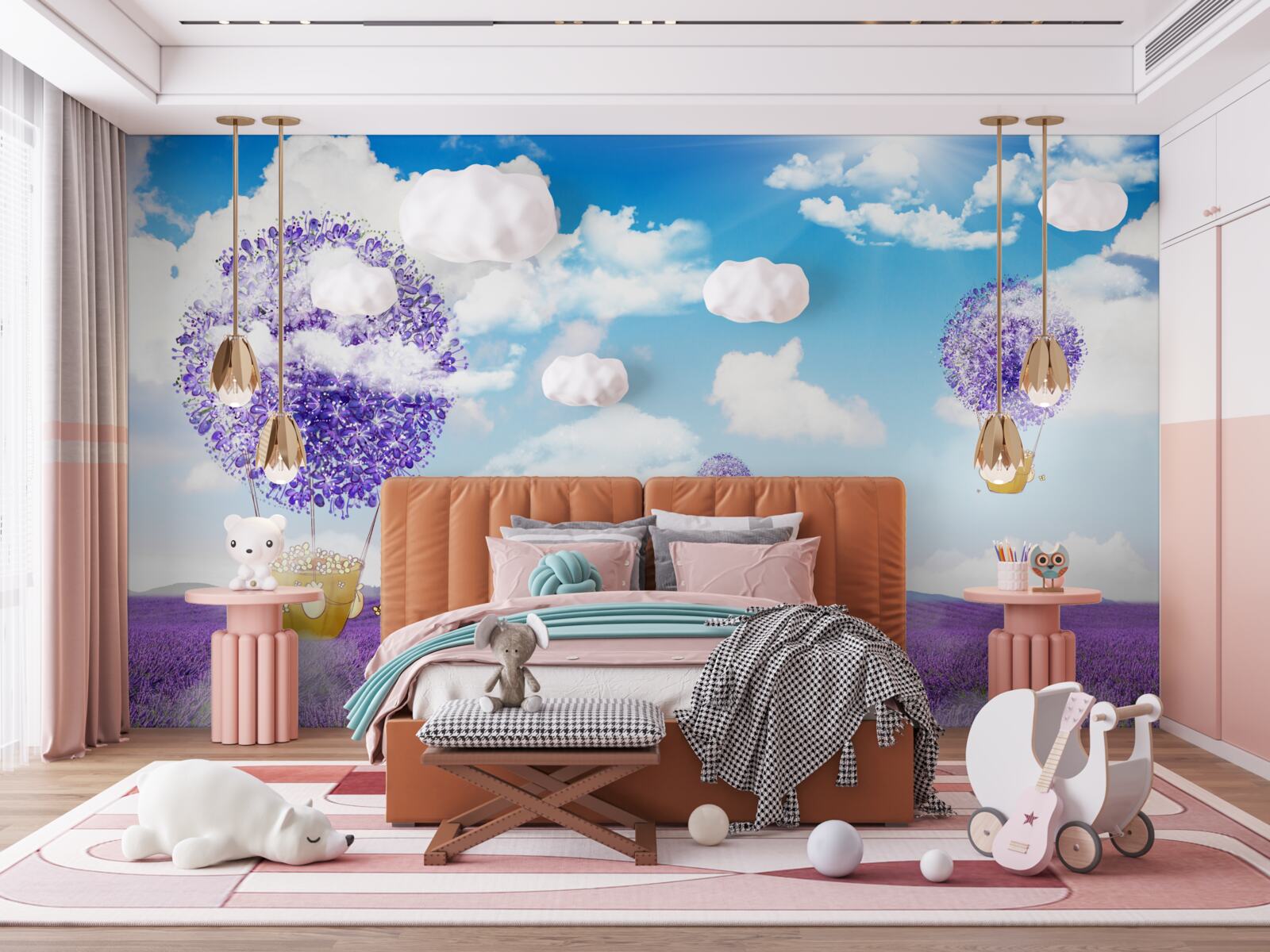 Фотошпалери плантація лаванди та повітряні кульки