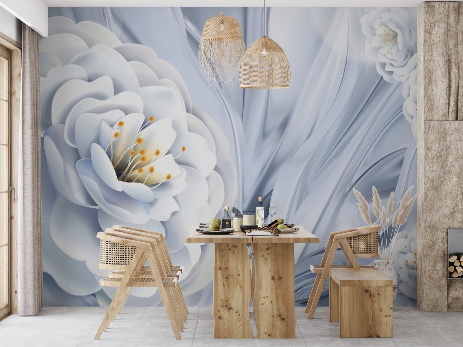 Фотошпалери великі білосніжні бутони та зелене листя