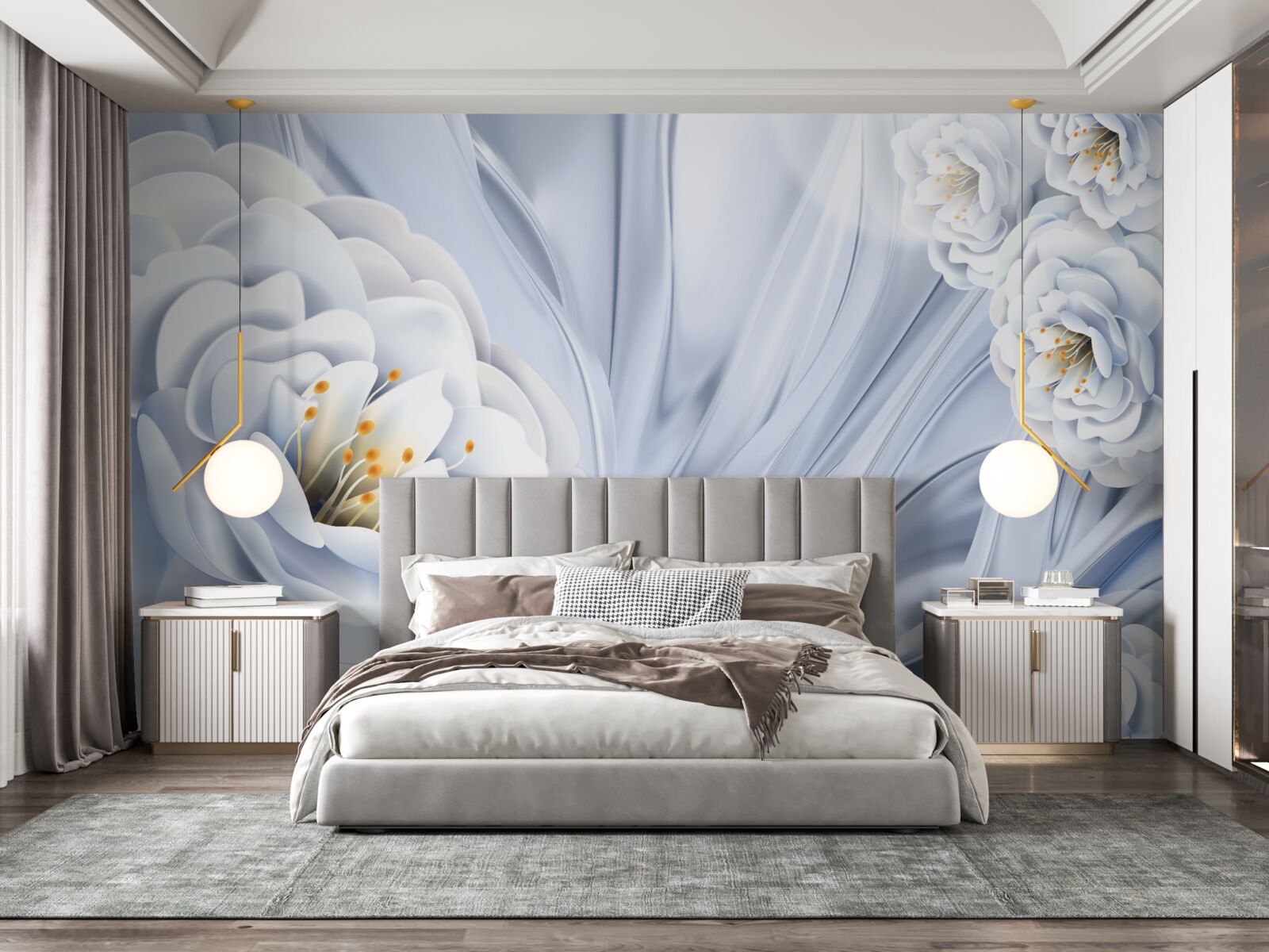 Фотошпалери великі білосніжні бутони та зелене листя