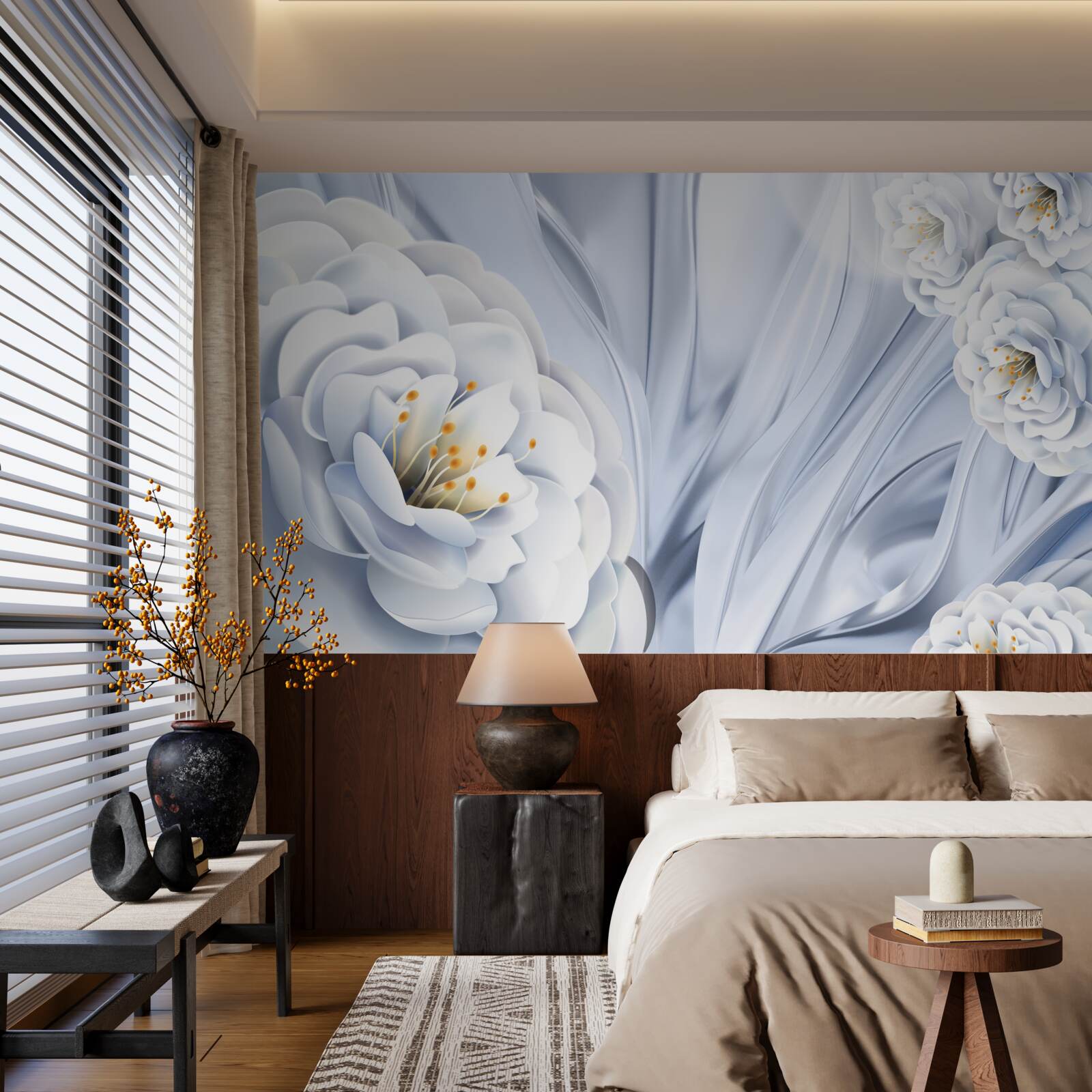 Фотошпалери великі білосніжні бутони та зелене листя