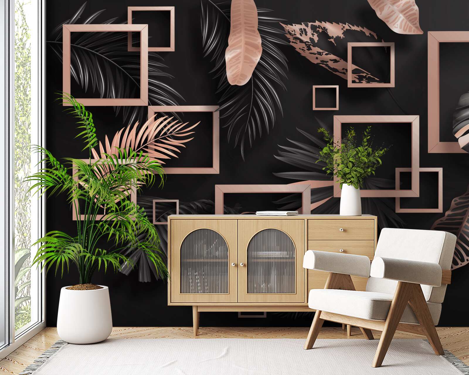 Фотошпалери тропічна абстракція у відтінках чорного та золотого