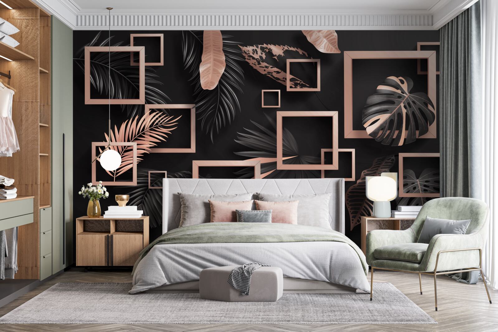 Фотошпалери тропічна абстракція у відтінках чорного та золотого