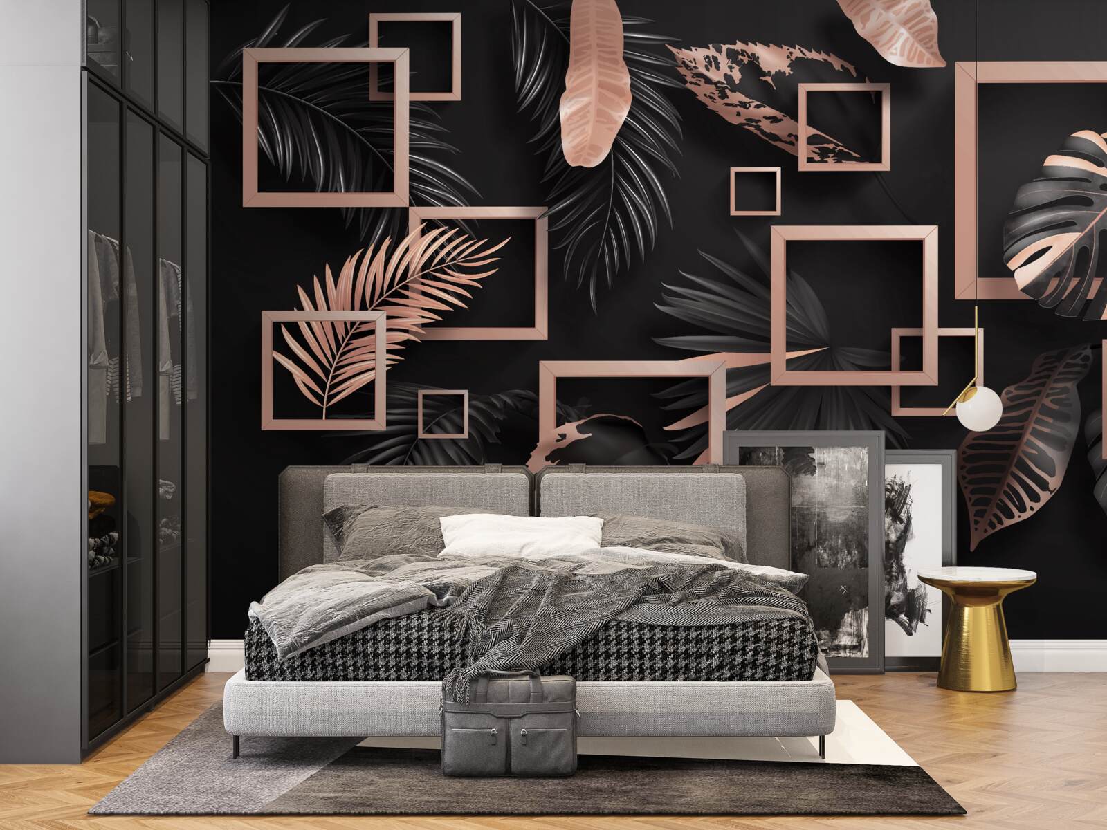 Фотошпалери тропічна абстракція у відтінках чорного та золотого