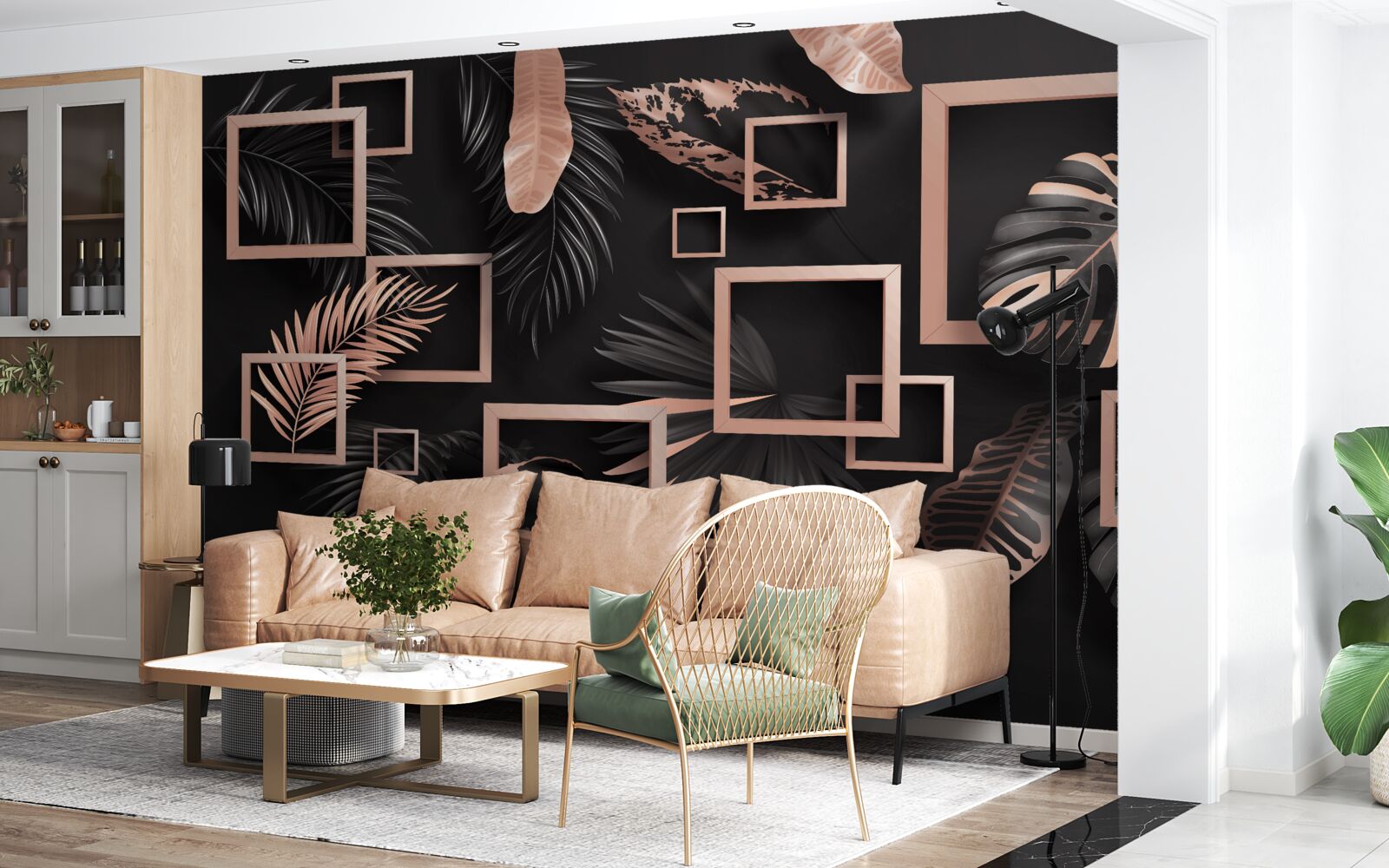 Фотошпалери тропічна абстракція у відтінках чорного та золотого