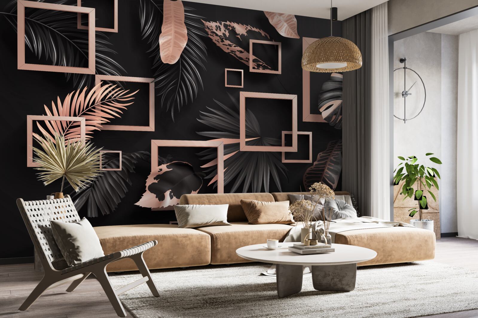 Фотошпалери тропічна абстракція у відтінках чорного та золотого