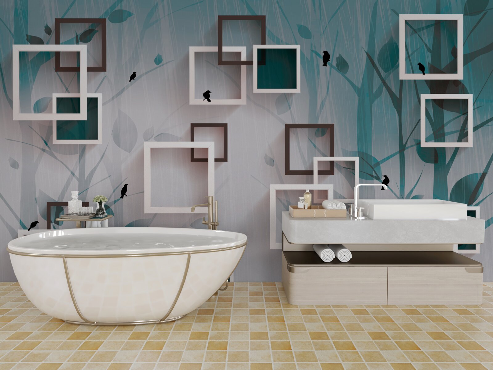 Фотошпалери білосніжні квадрати на тлі пейзажу