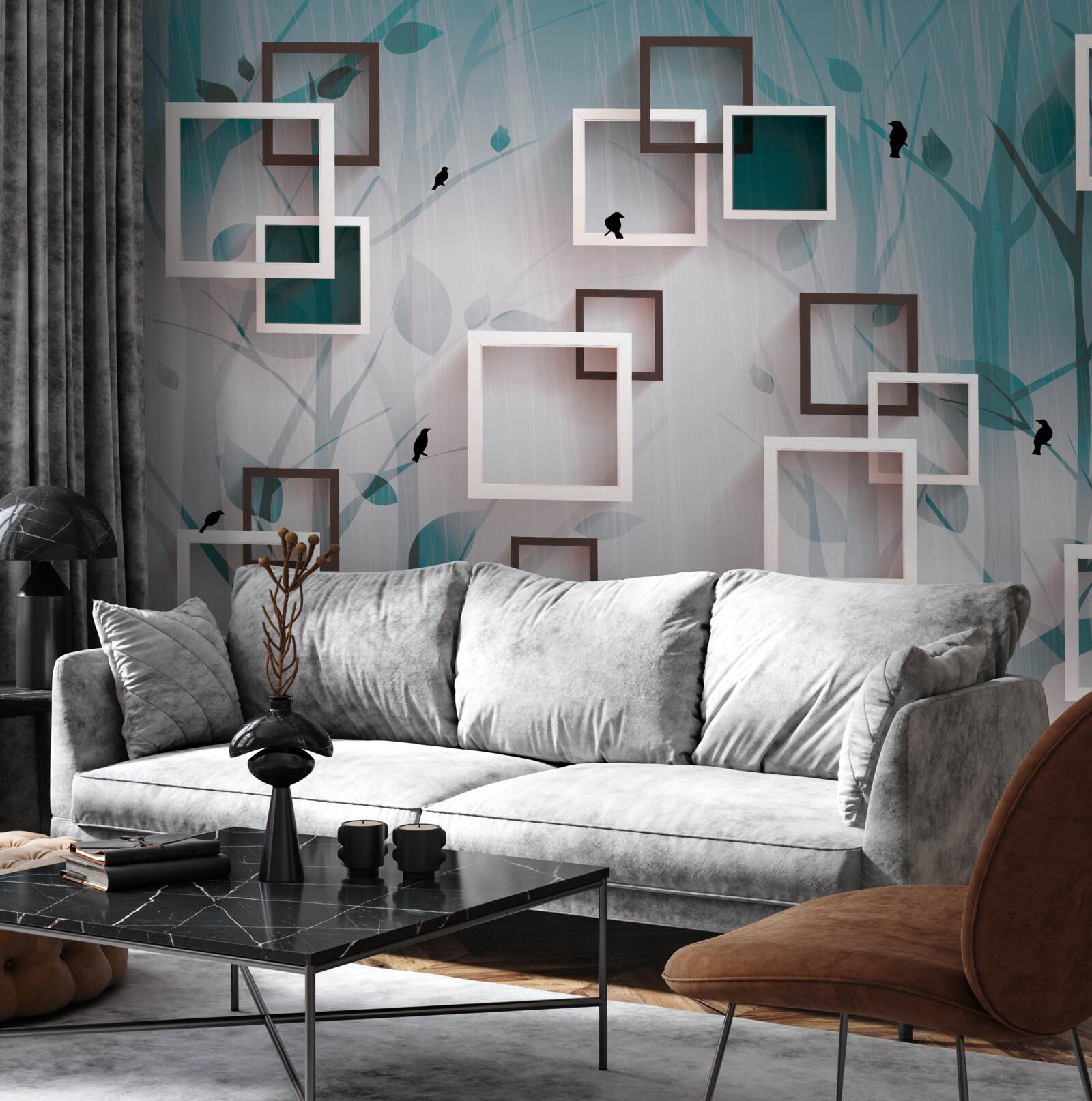 Фотошпалери білосніжні квадрати на тлі пейзажу