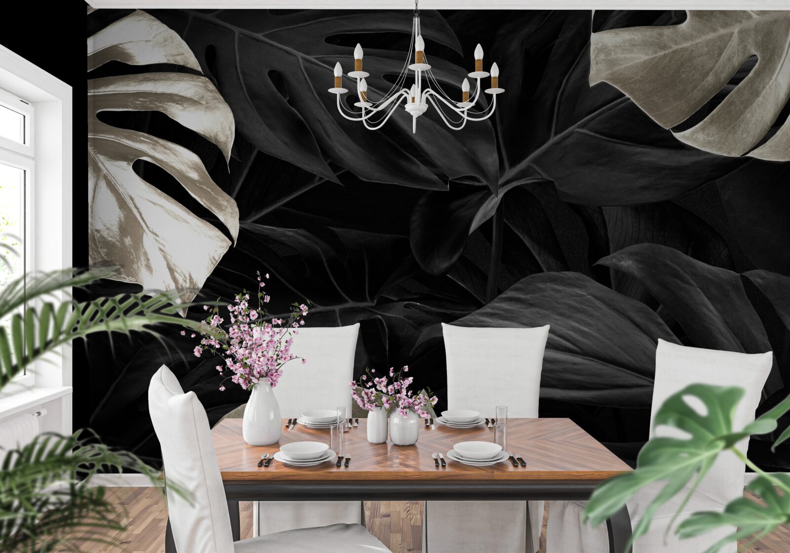 Фотошпалери Білосніжне листя монстери на чорному тлі