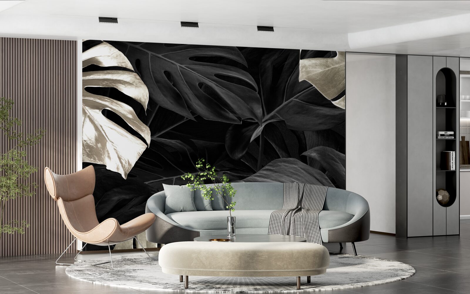 Фотошпалери Білосніжне листя монстери на чорному тлі