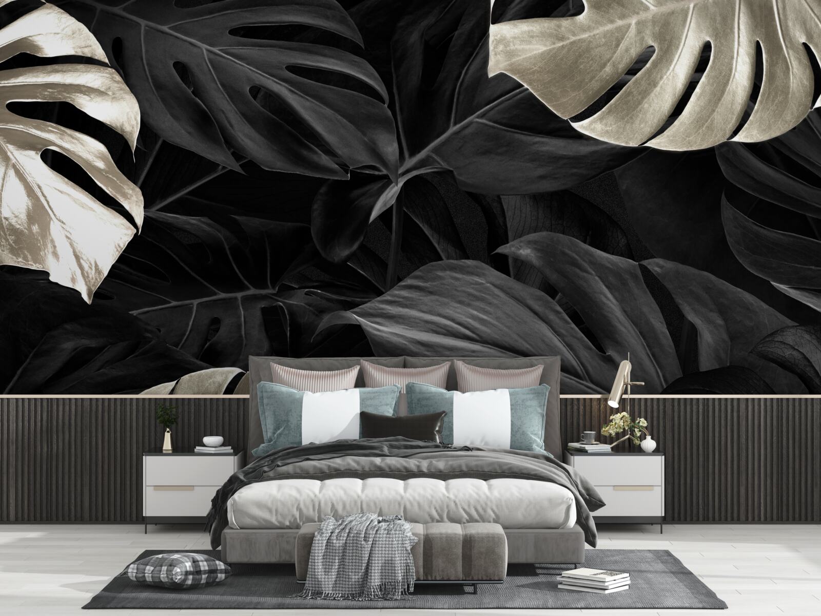 Фотошпалери Білосніжне листя монстери на чорному тлі