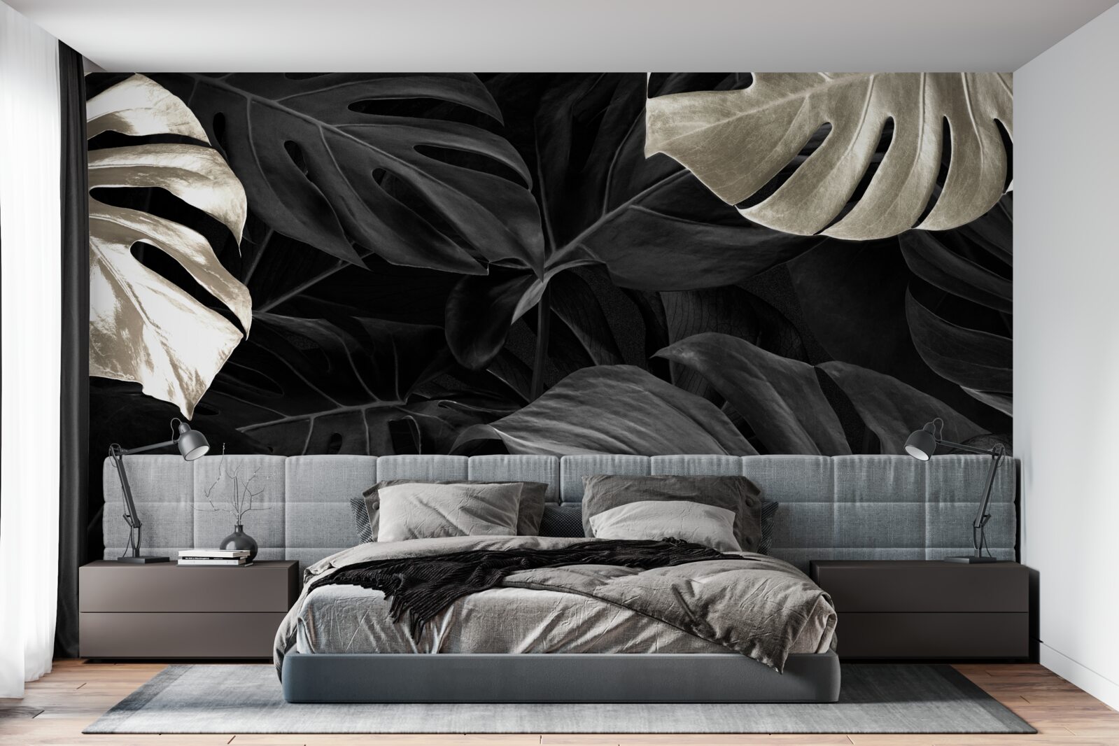 Фотошпалери Білосніжне листя монстери на чорному тлі