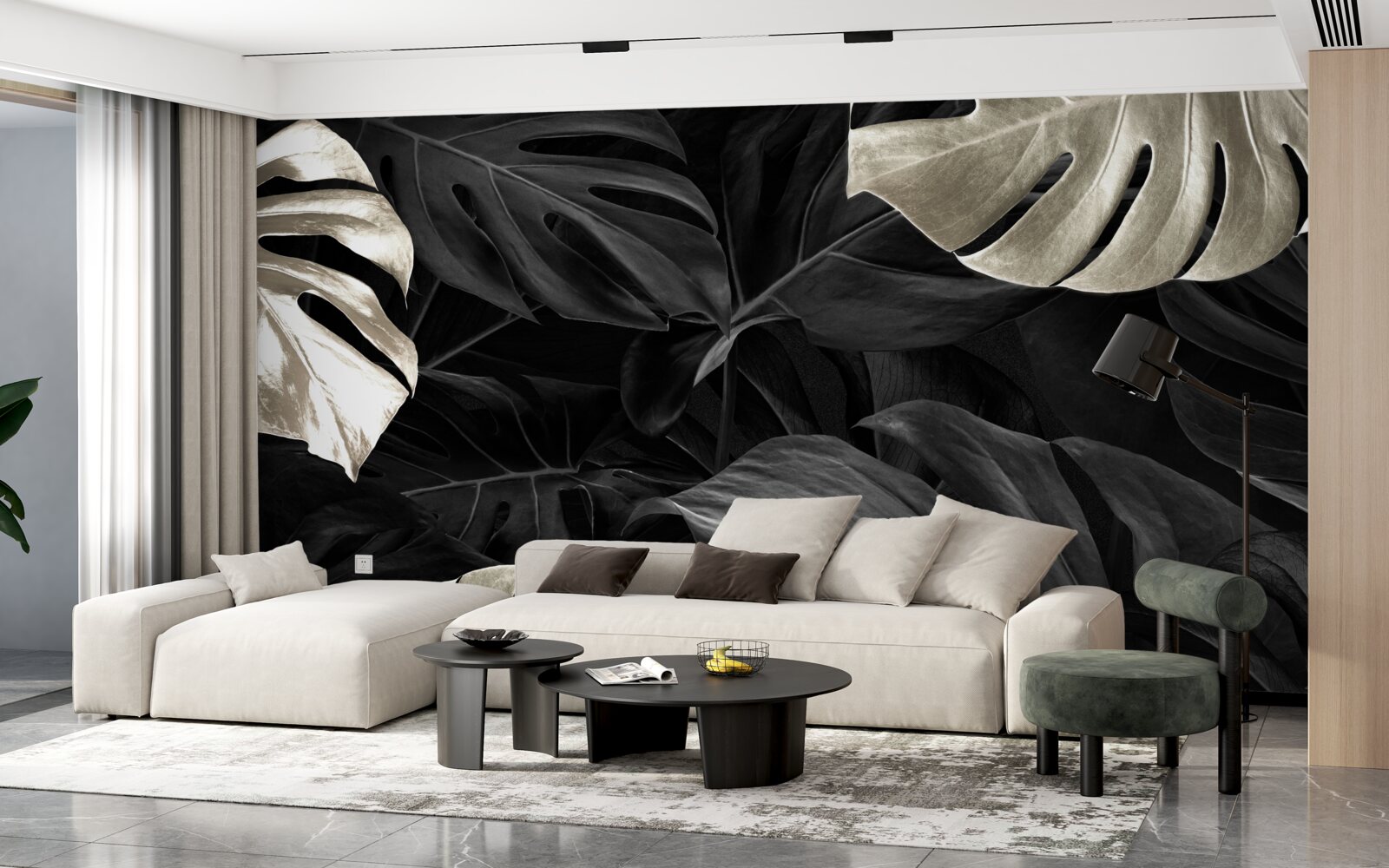 Фотошпалери Білосніжне листя монстери на чорному тлі