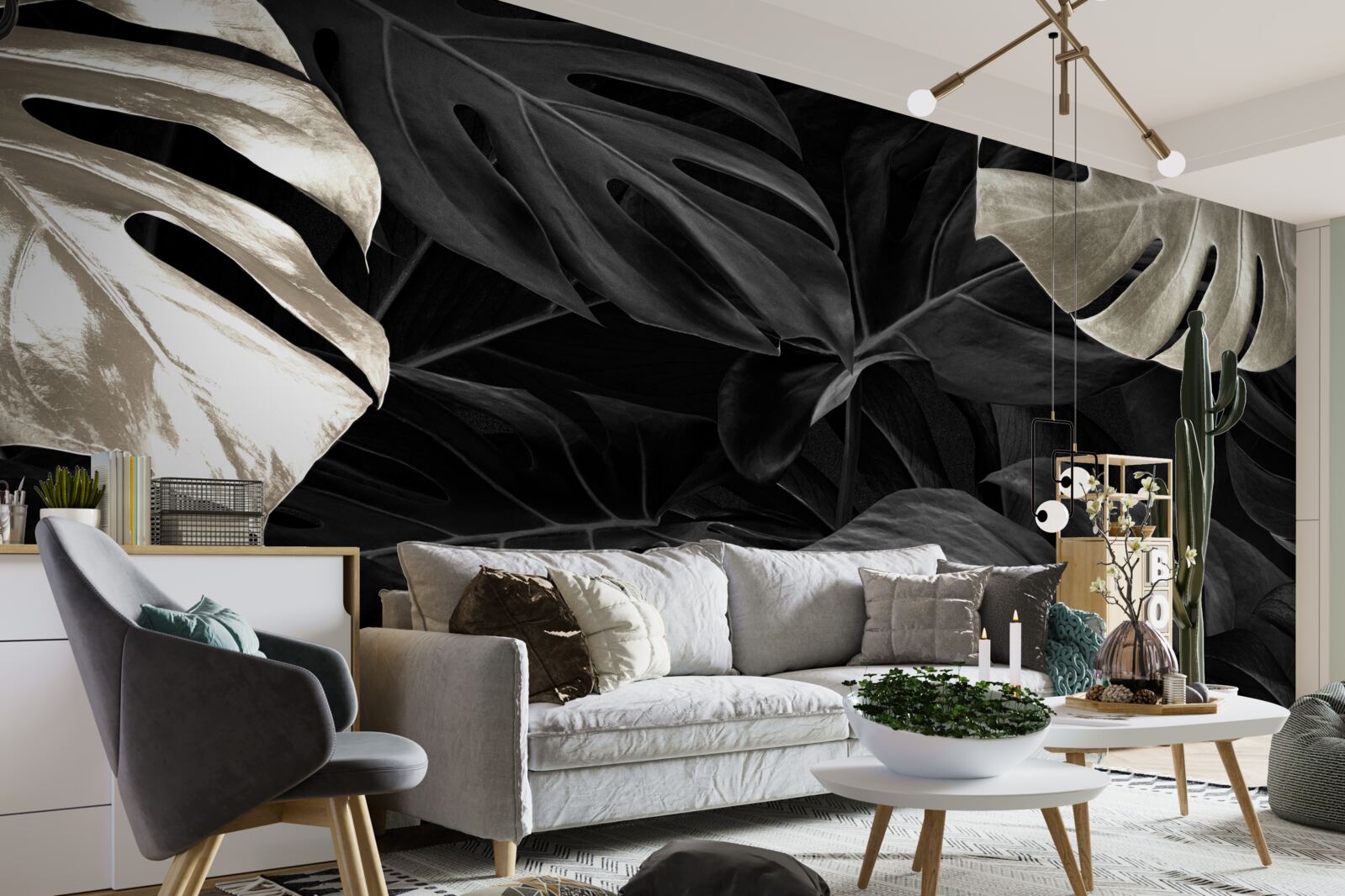 Фотошпалери Білосніжне листя монстери на чорному тлі