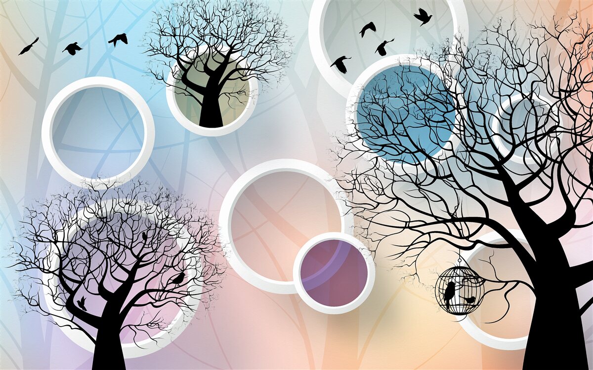 Фотошпалери великі фарби, що зображують різнокольорові дерева та білі кола