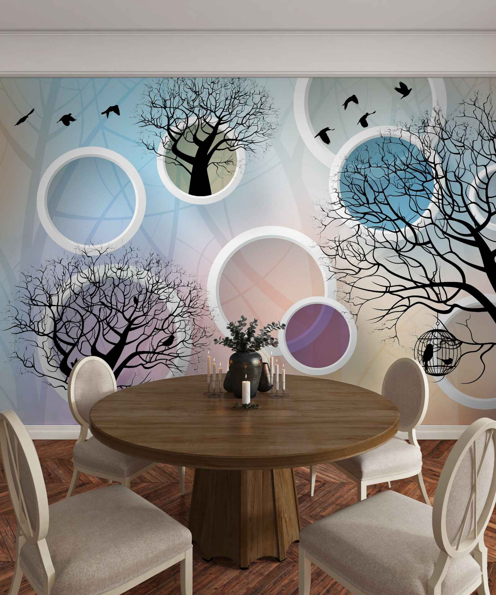 Фотошпалери великі фарби, що зображують різнокольорові дерева та білі кола