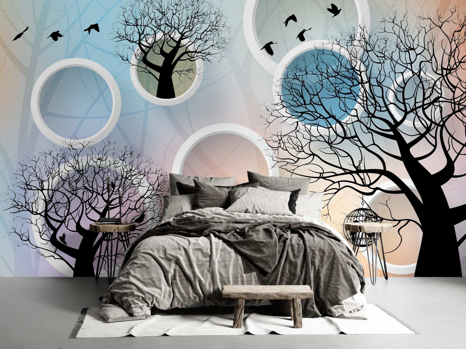 Фотошпалери великі фарби, що зображують різнокольорові дерева та білі кола