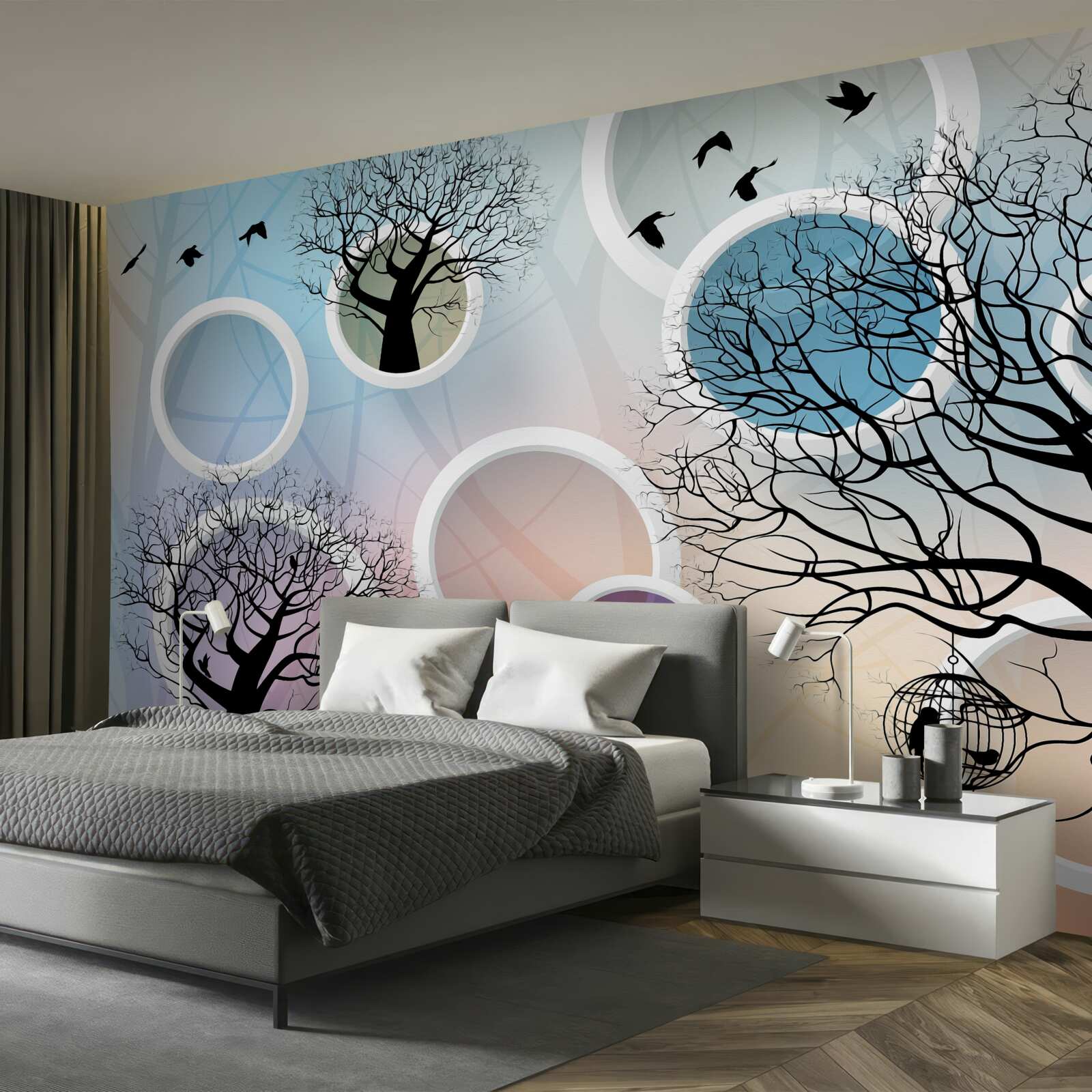 Фотошпалери великі фарби, що зображують різнокольорові дерева та білі кола