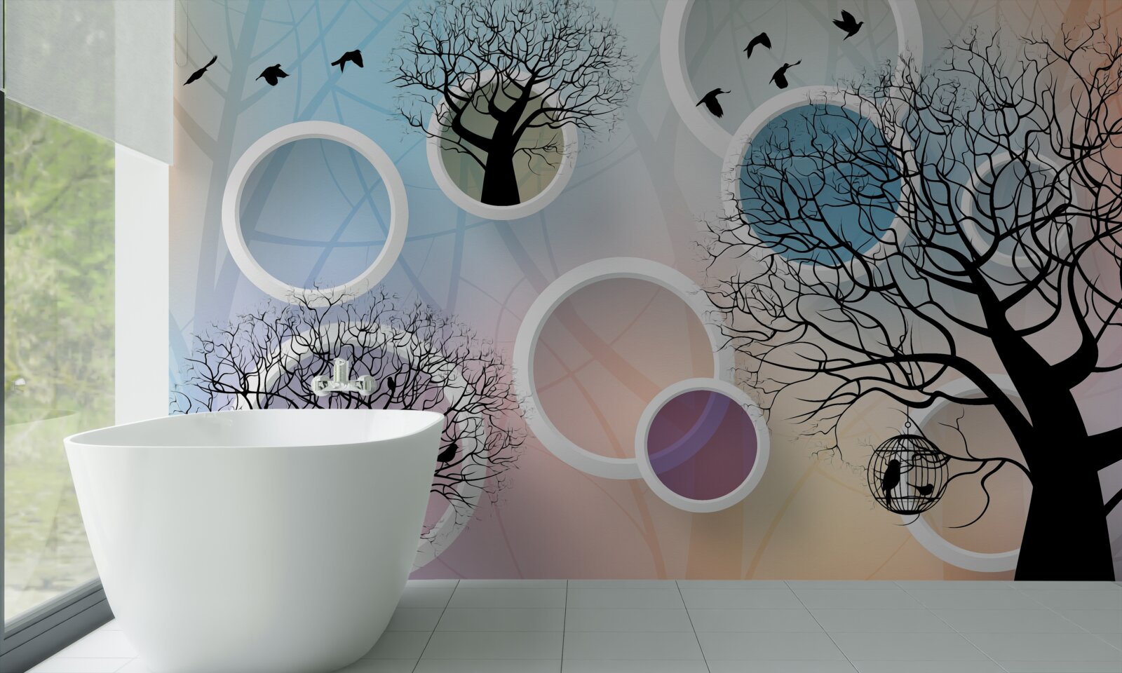 Фотошпалери великі фарби, що зображують різнокольорові дерева та білі кола