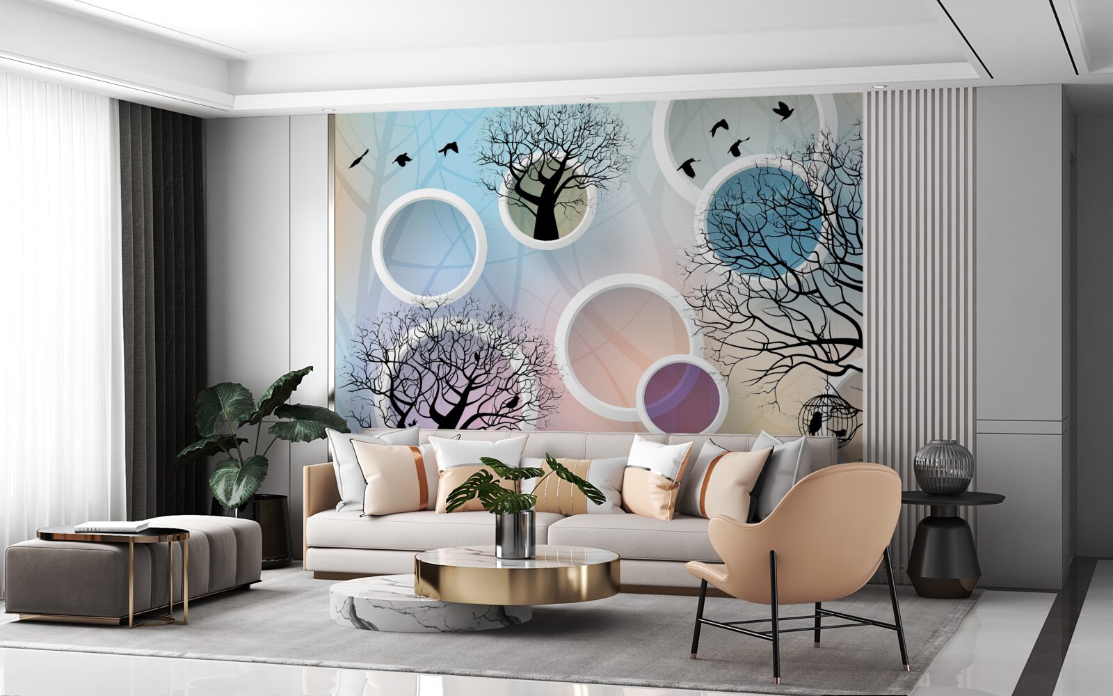 Фотошпалери великі фарби, що зображують різнокольорові дерева та білі кола