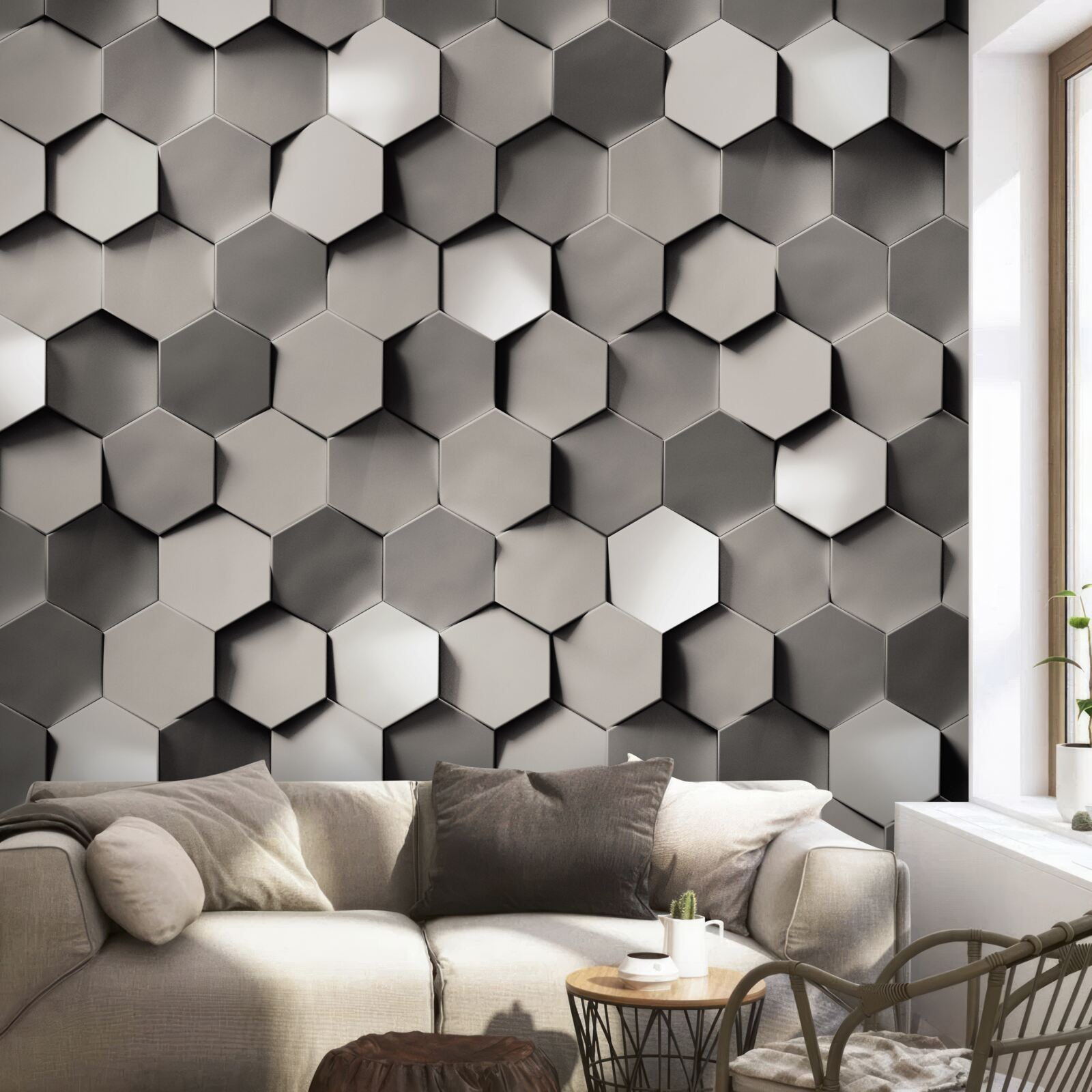 Фотошпалери сірі п'ятикутники 3d