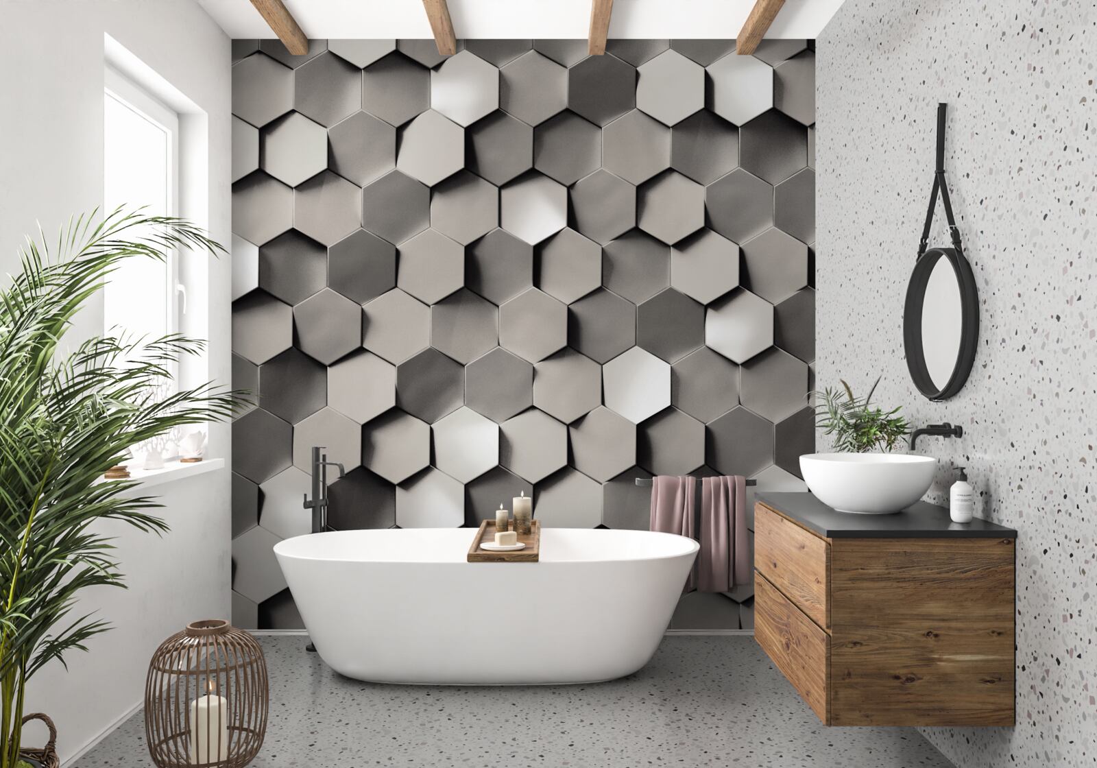 Фотошпалери сірі п'ятикутники 3d