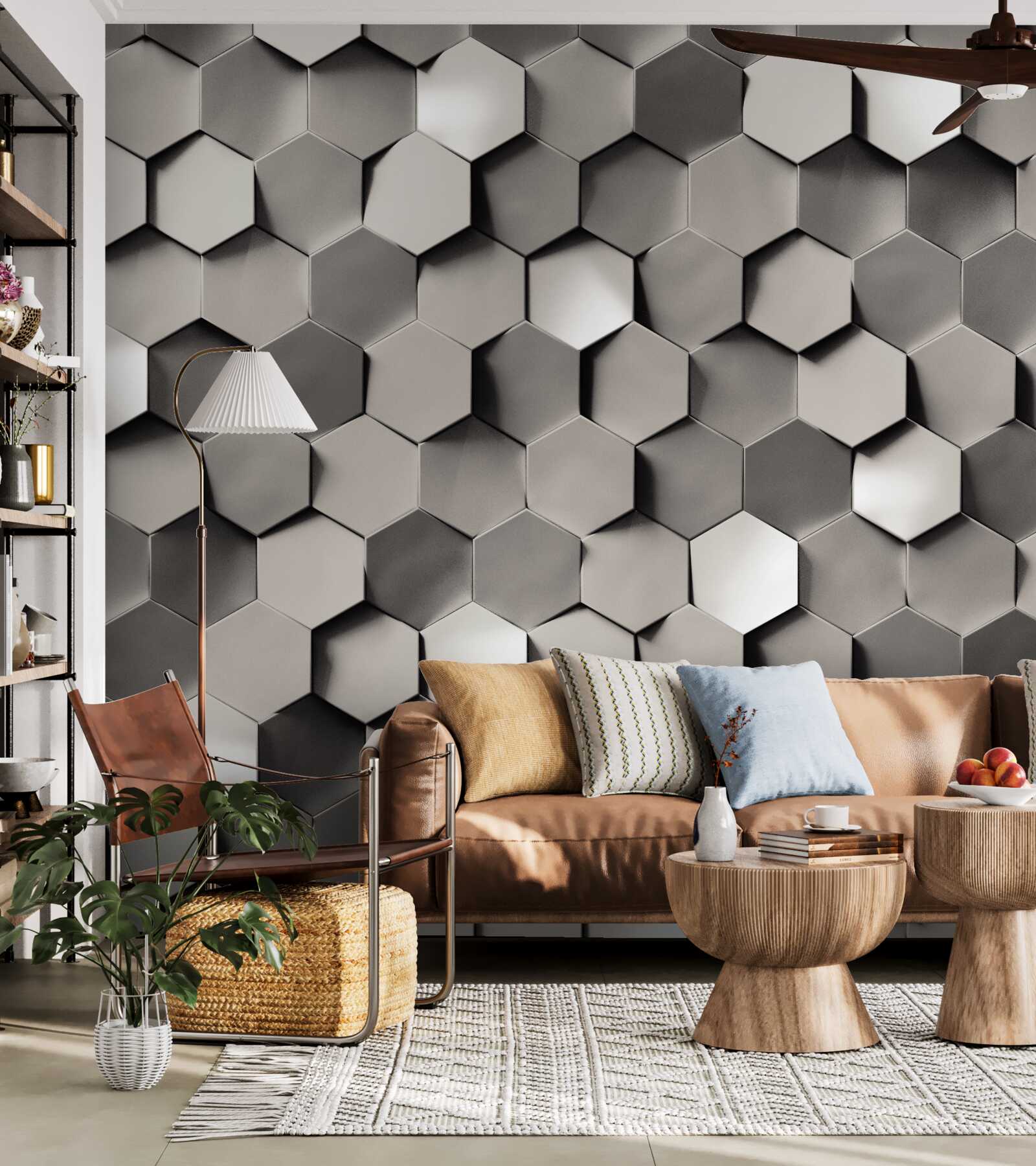 Фотошпалери сірі п'ятикутники 3d