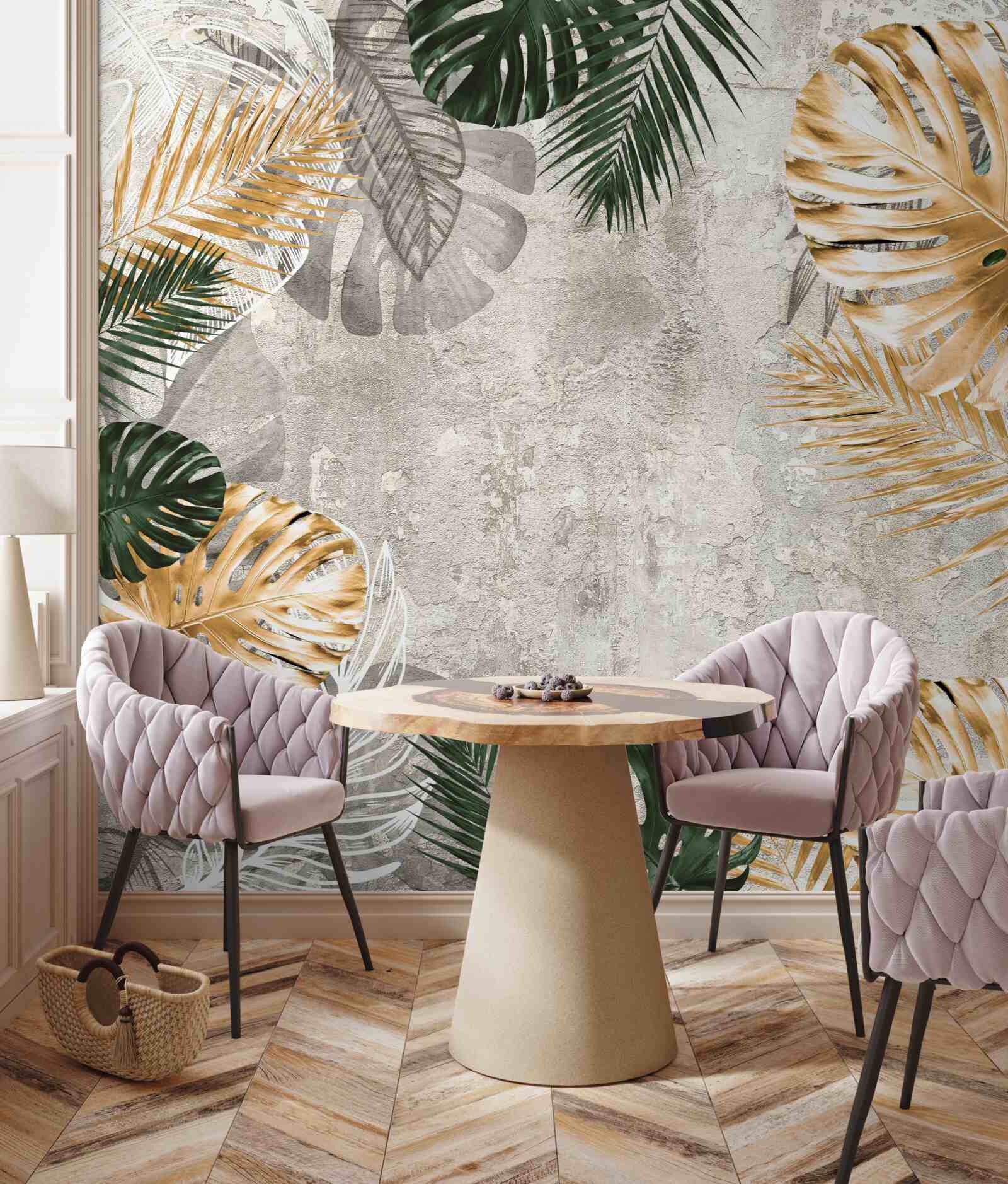 Фотошпалери монстера з золотим і зеленим листям