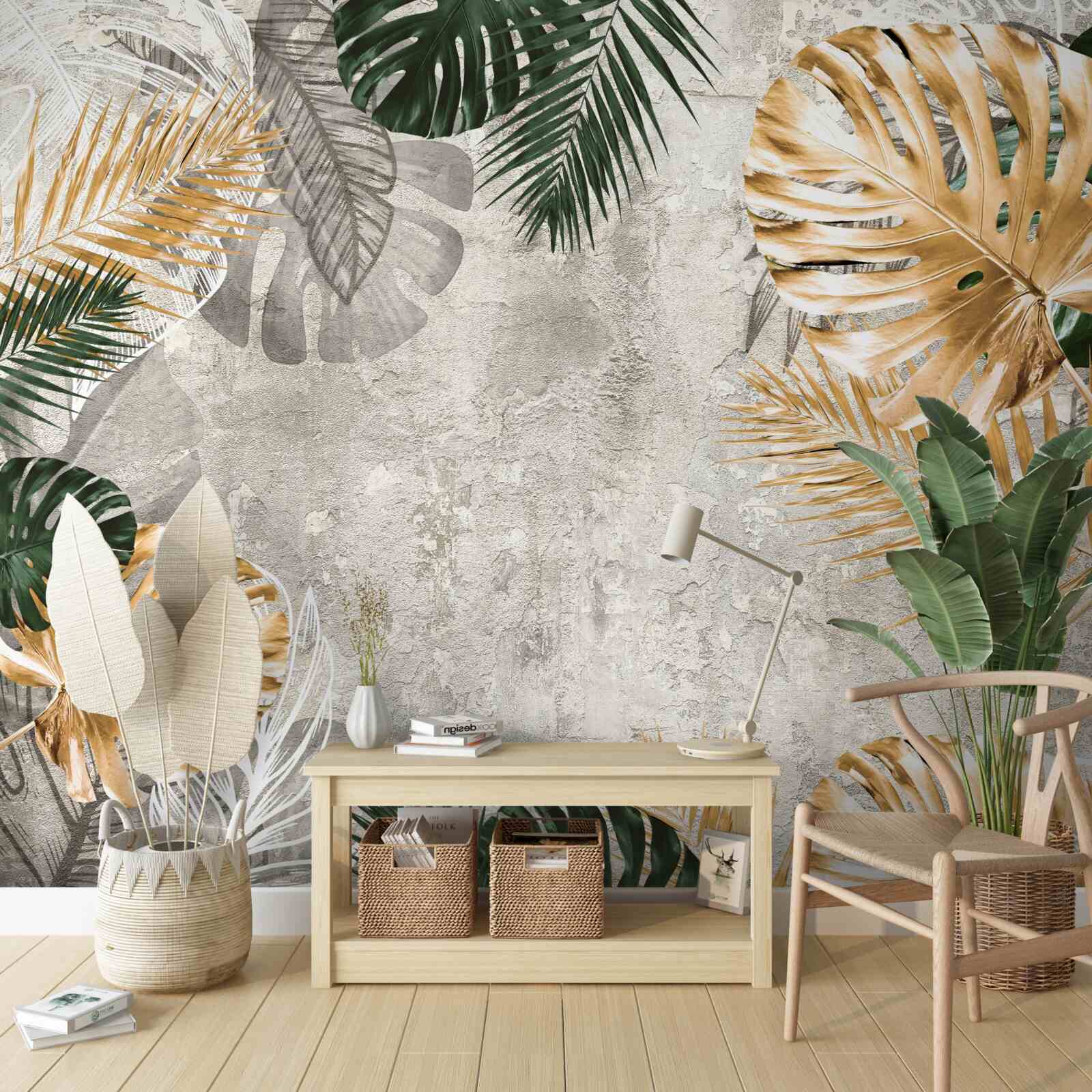 Фотошпалери монстера з золотим і зеленим листям