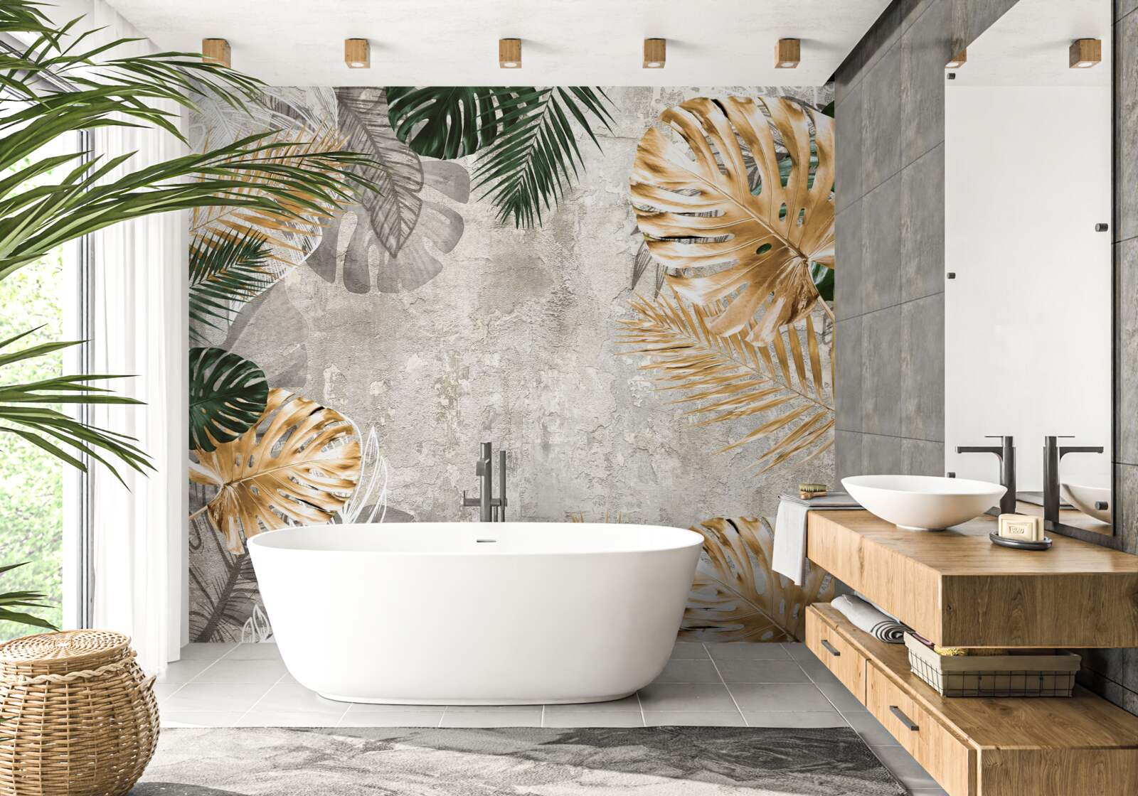 Фотошпалери монстера з золотим і зеленим листям