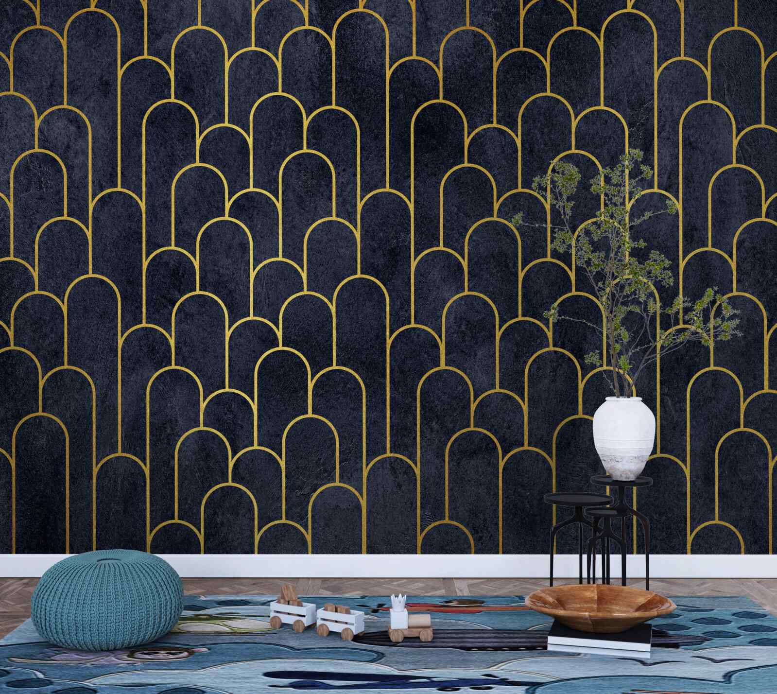 Фотошпалери сині напівкруглі бронзові колони