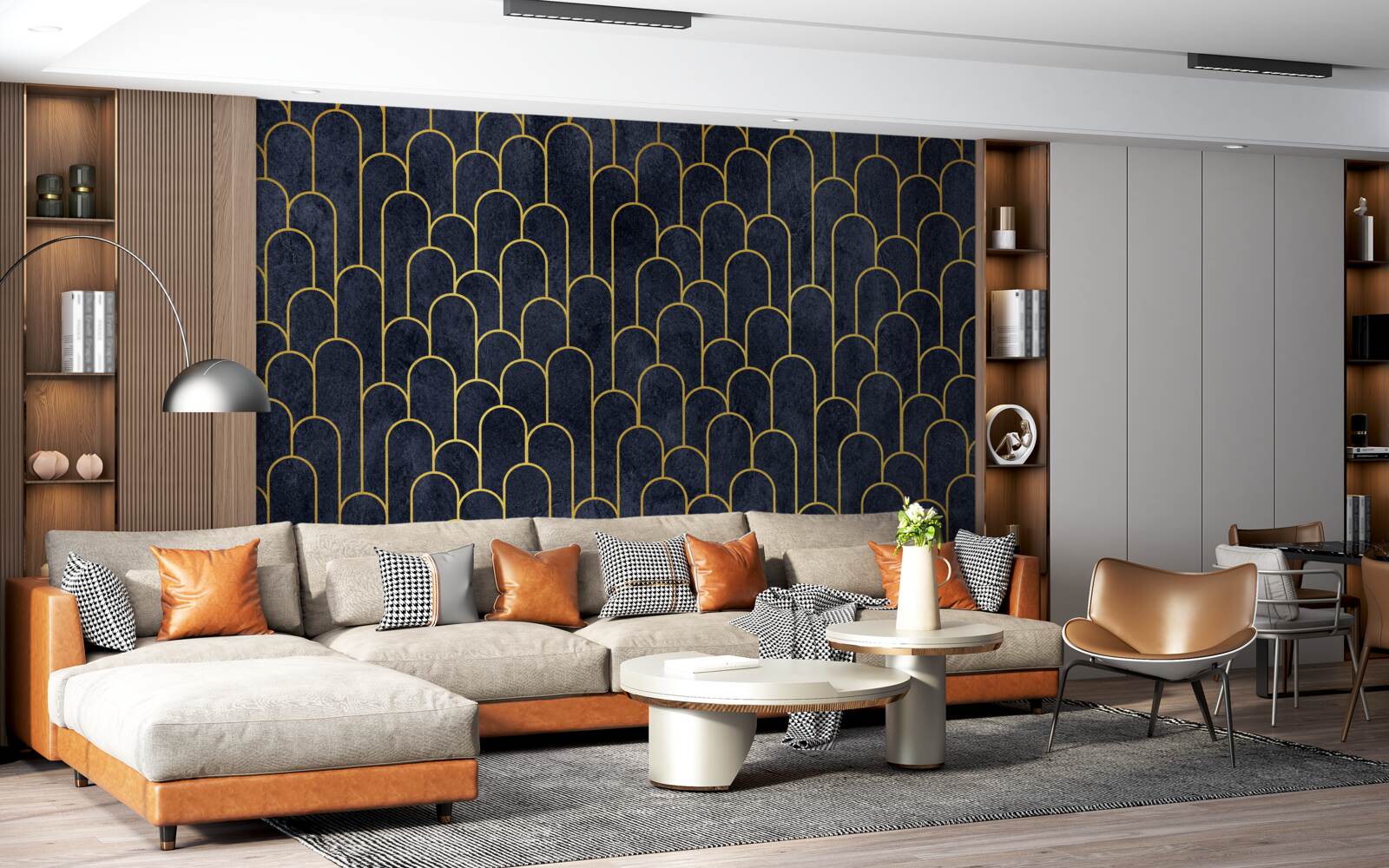 Фотошпалери сині напівкруглі бронзові колони