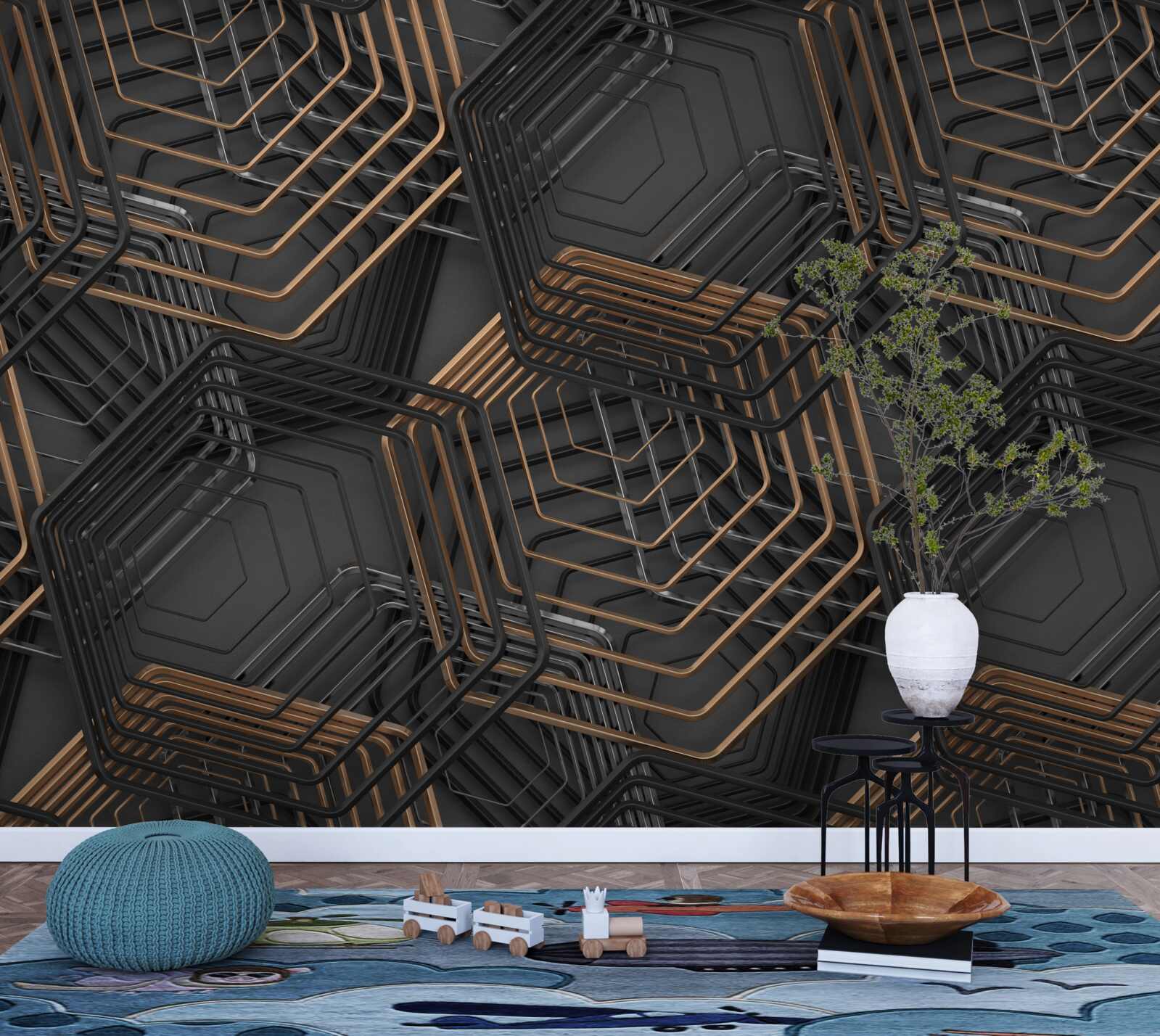 Фотошпалери чорні та коричневі п'ятикутники з сітчастою структурою