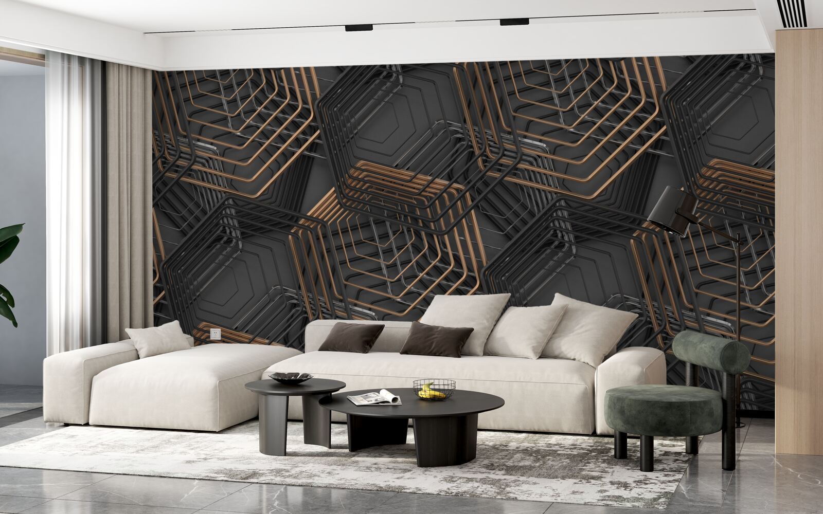 Фотошпалери чорні та коричневі п'ятикутники з сітчастою структурою