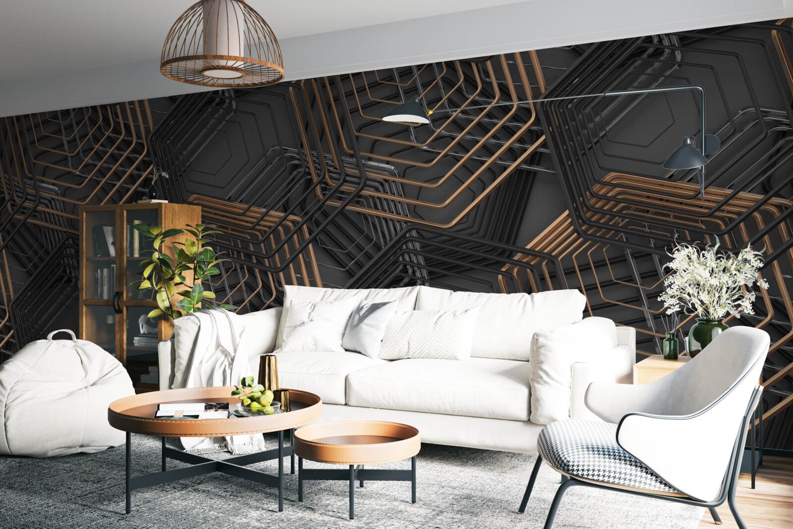 Фотошпалери чорні та коричневі п'ятикутники з сітчастою структурою