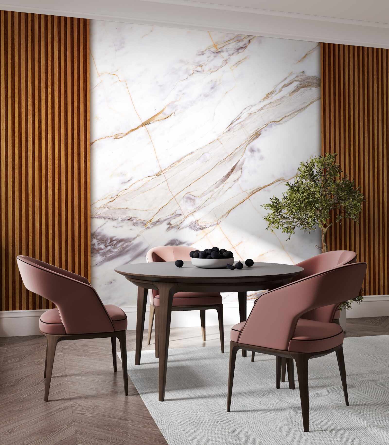 Фотошпалери дерево, оздоблене білим мармуром