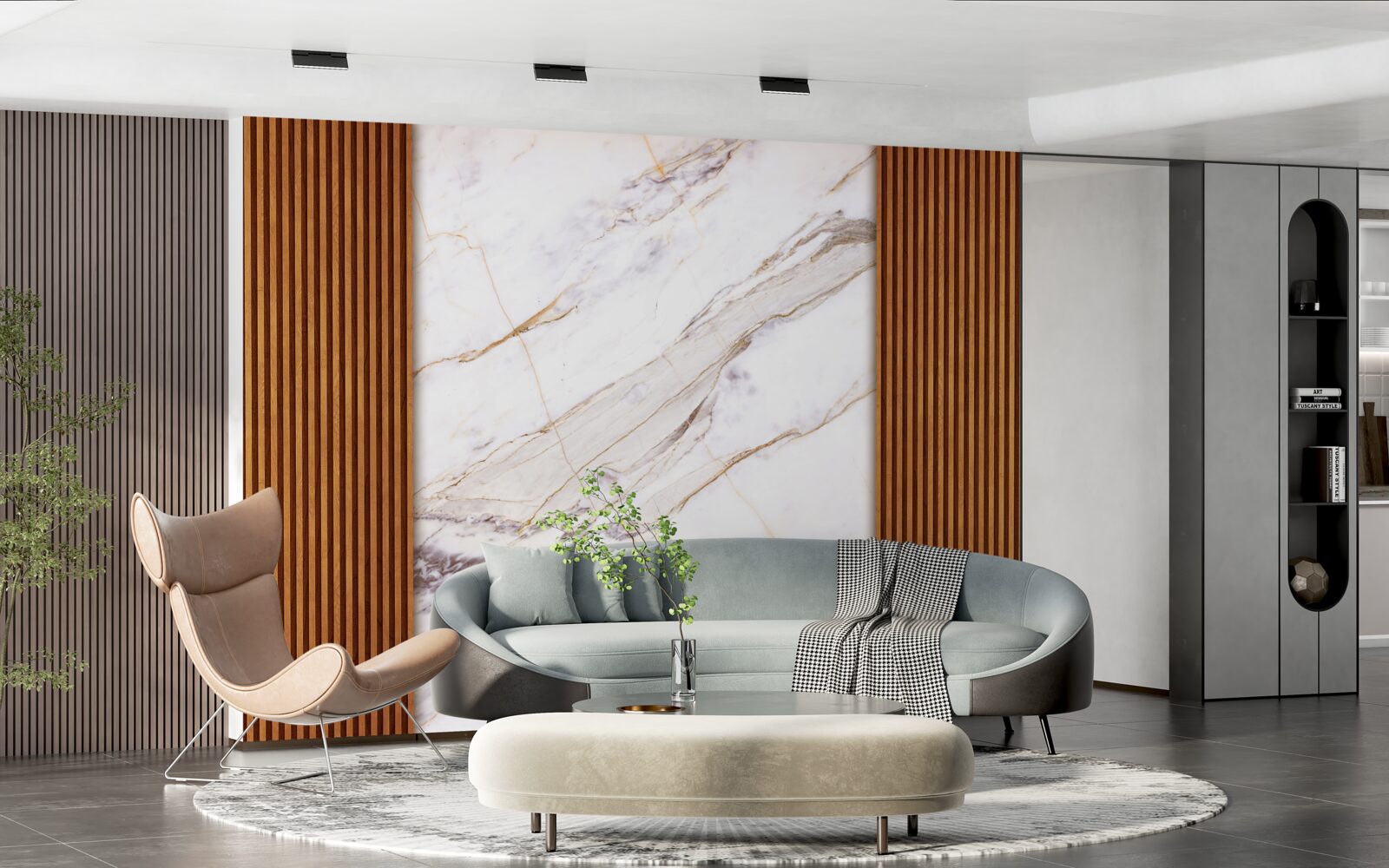 Фотошпалери дерево, оздоблене білим мармуром