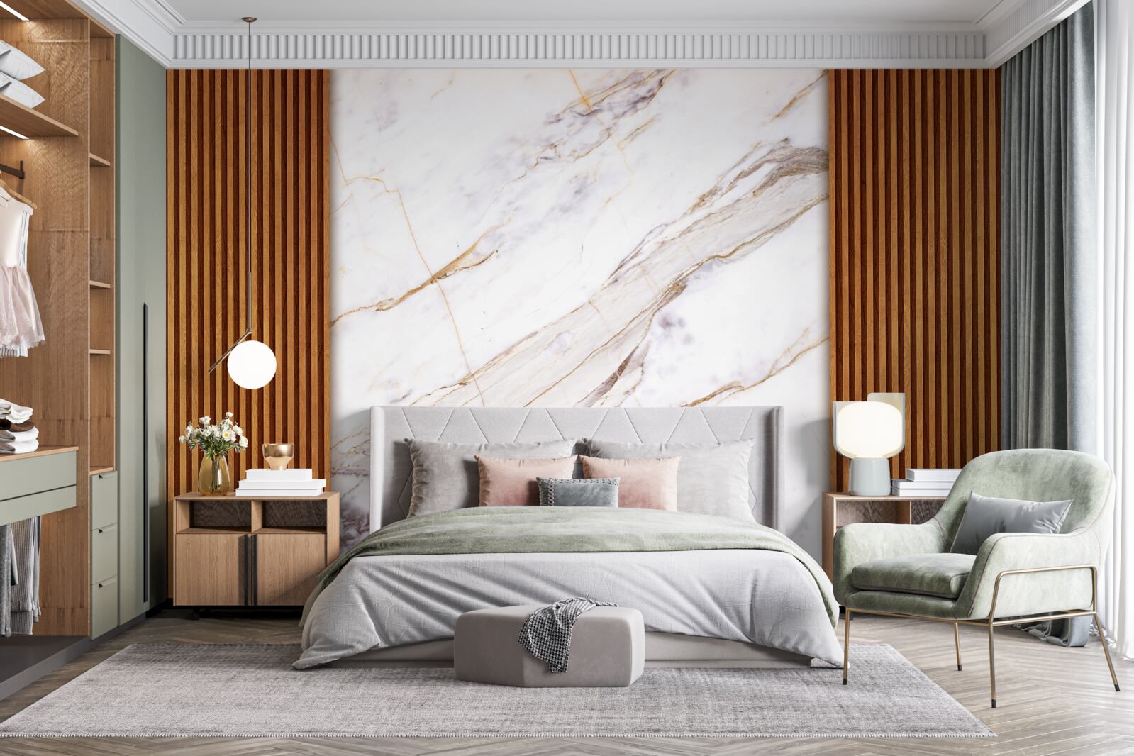 Фотошпалери дерево, оздоблене білим мармуром